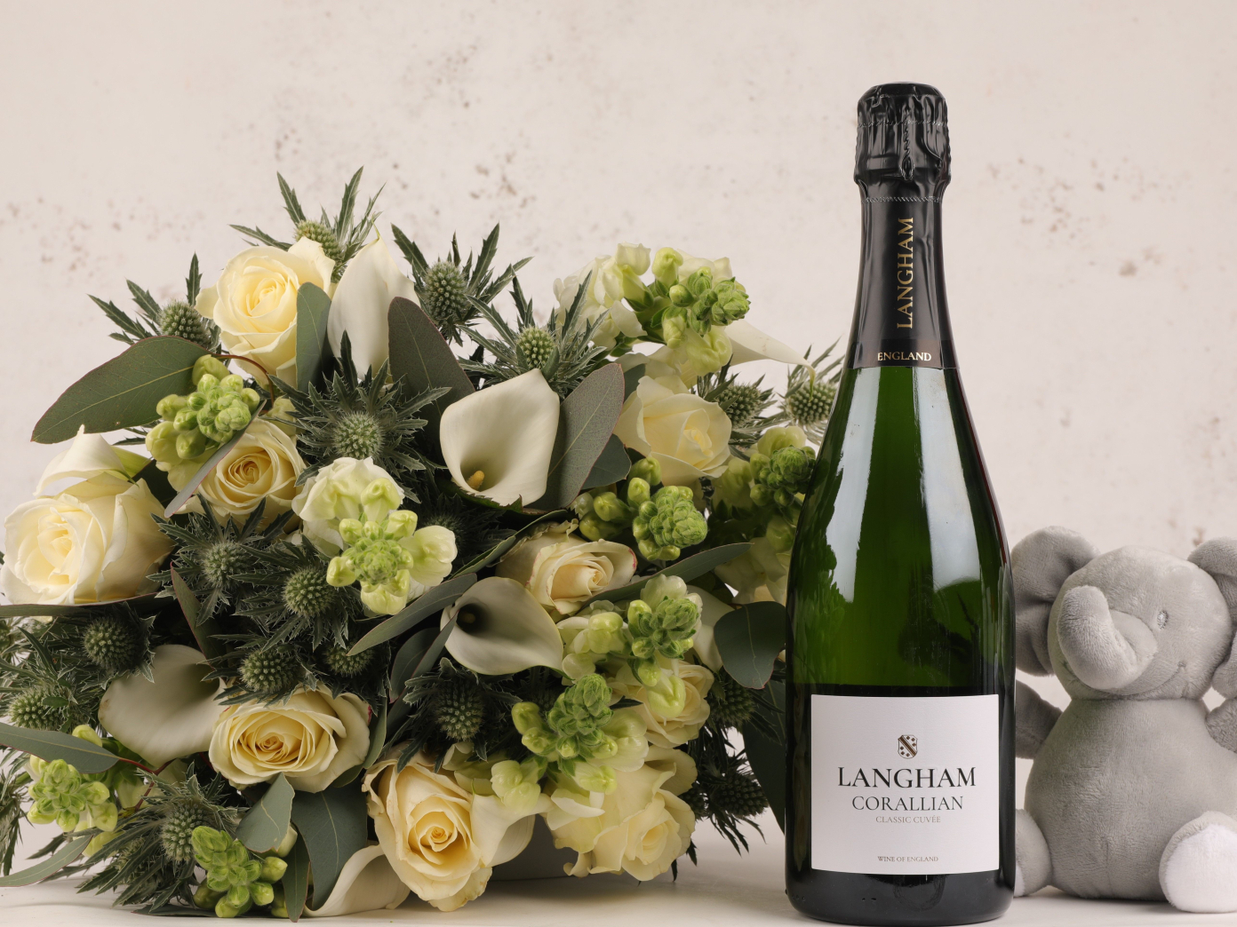 New Baby Hand-tied Bouquet with Award Winning English Sparkling Wine and Elephant